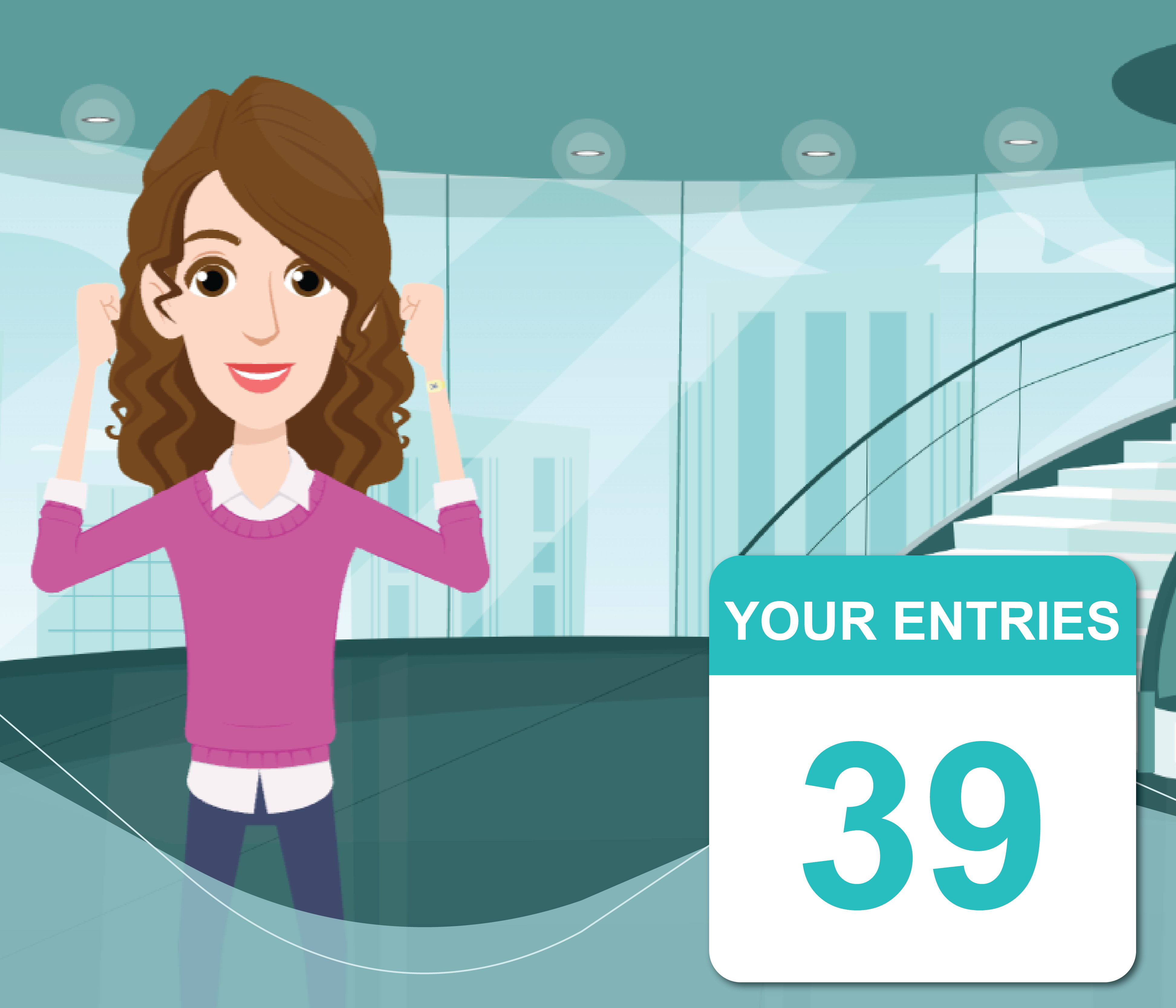 Animated woman celebrating winning CARMA Rewards Club giveaway in penthouse