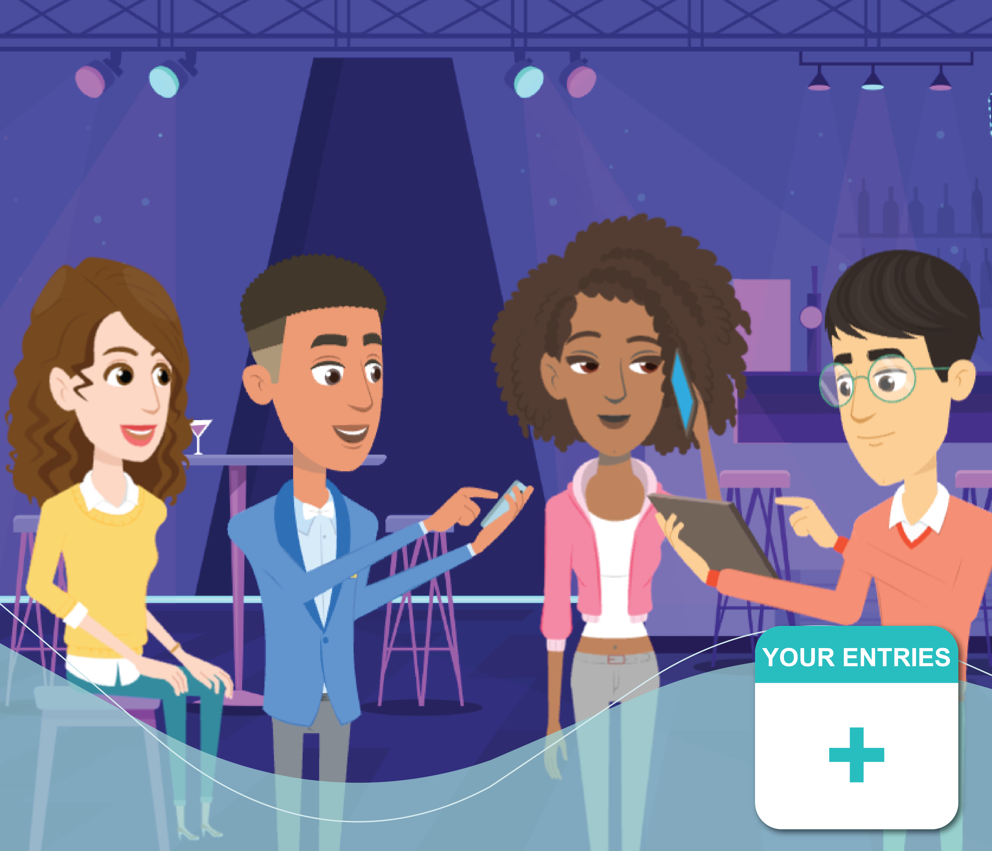 Animated characters in bar sharing referral codes for CARMA Rewards Club