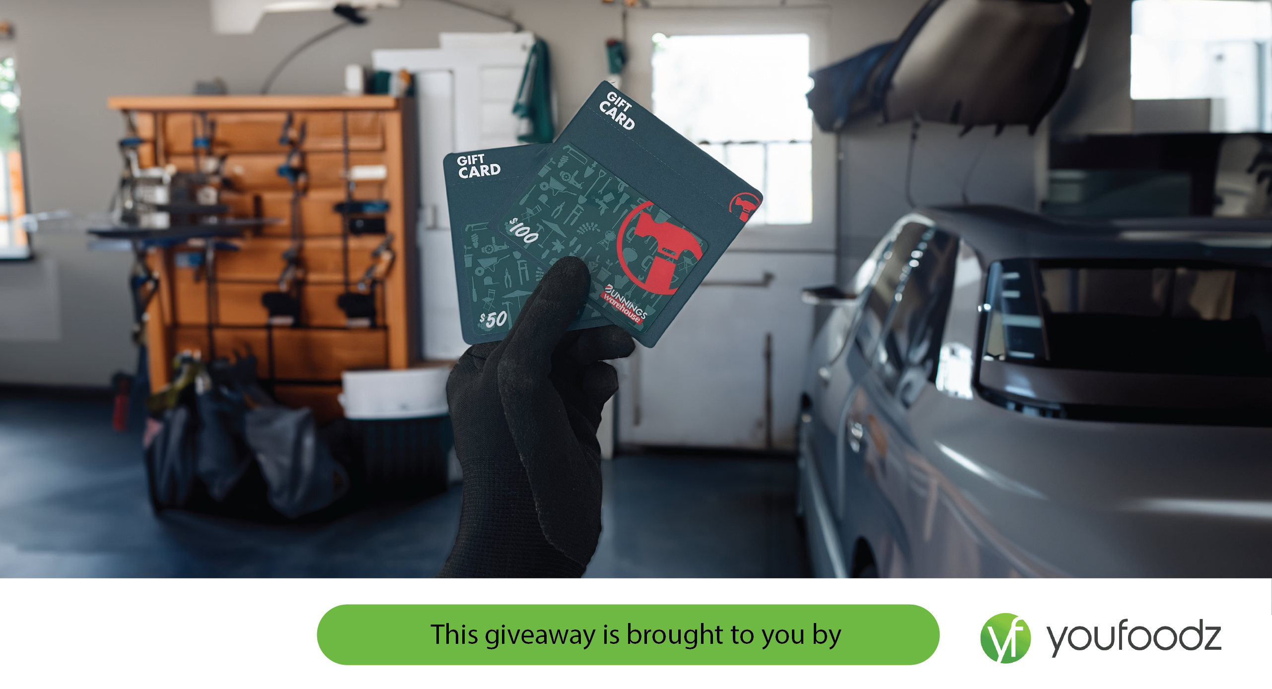 Two Bunnings Gift voucher CARMA Rewards Club prize in garage