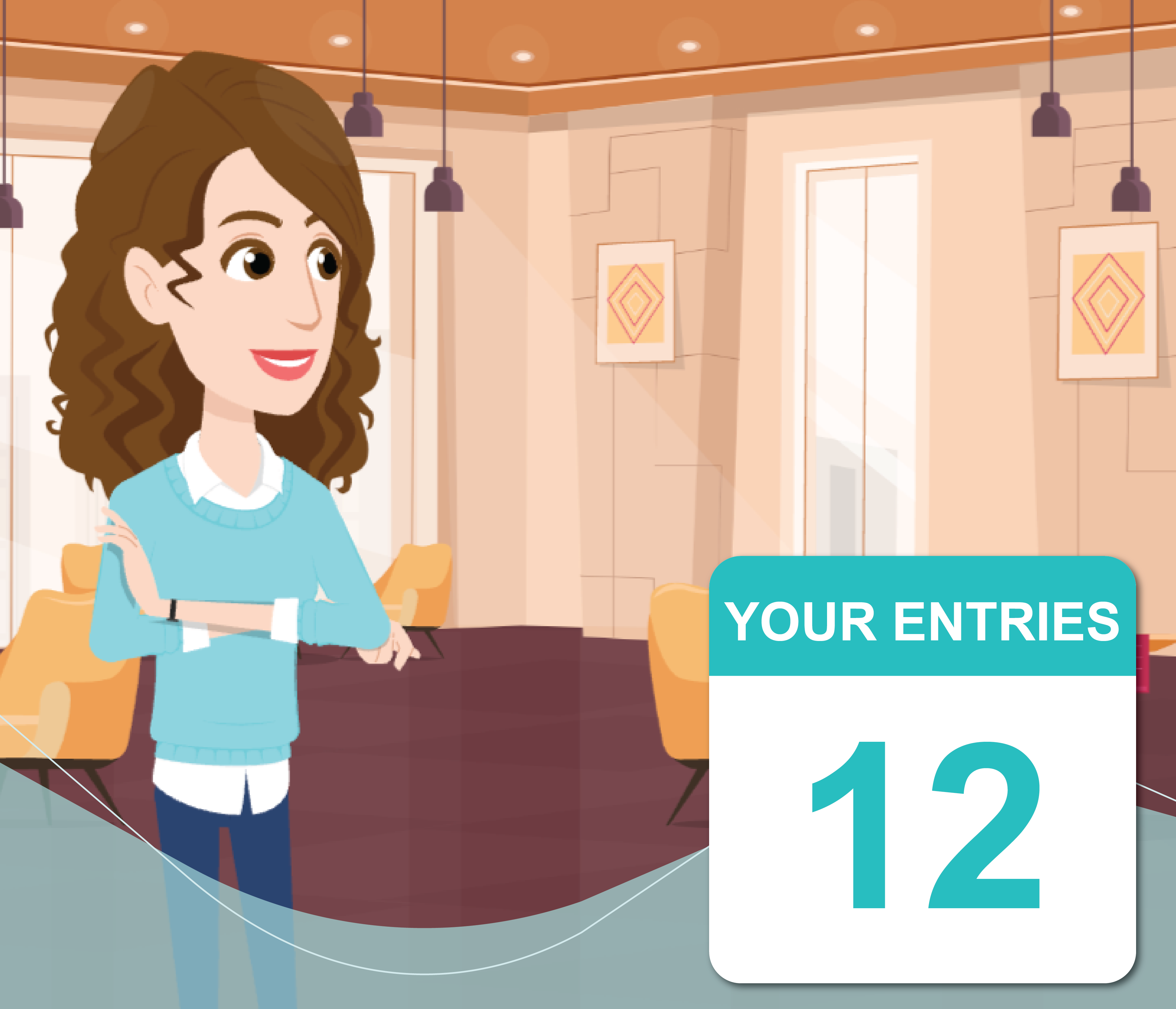 Animated woman standing in luxurious cafe after winning CARMA Rewards Club giveaway
